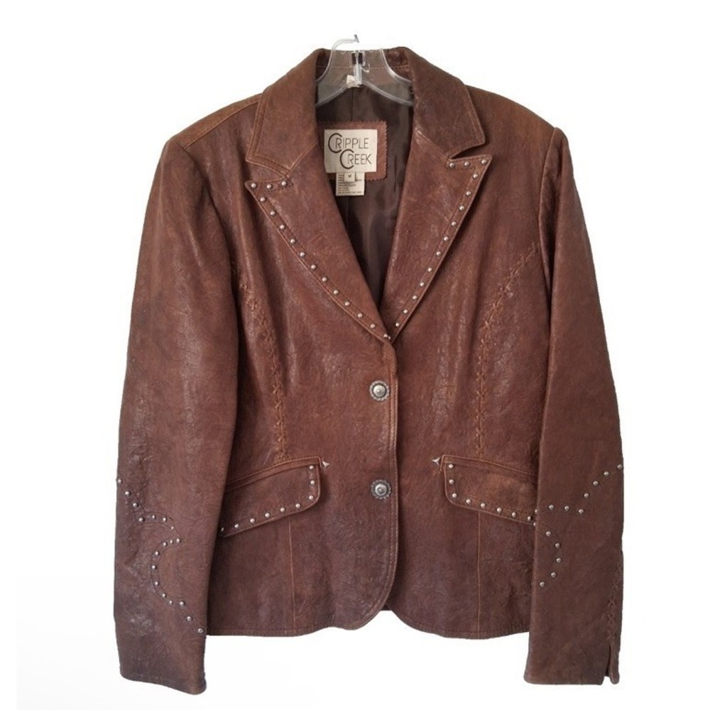 VTG Cripple Creek Western Leather Jacket Womens Studded Pebbled Rodeo Brown Sz M